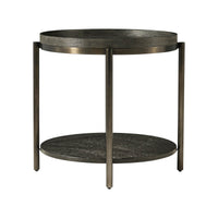Side view of charcoal oak round side table.