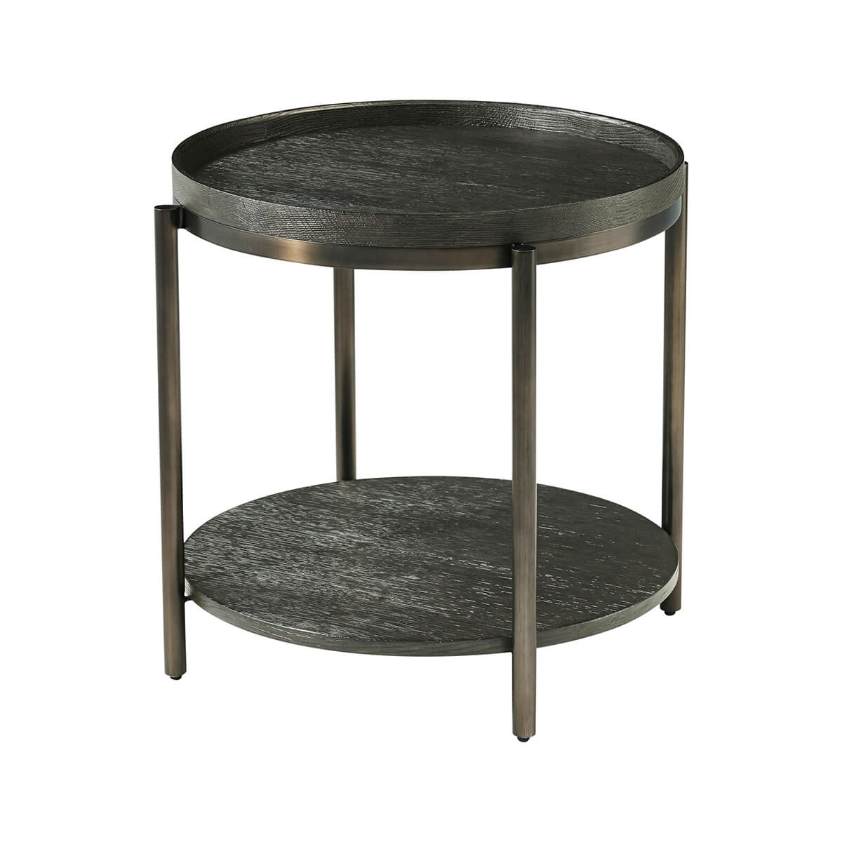 Round side table, charcoal oak, full view with shelf.