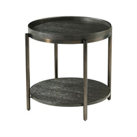 Round side table, charcoal oak, full view with shelf.