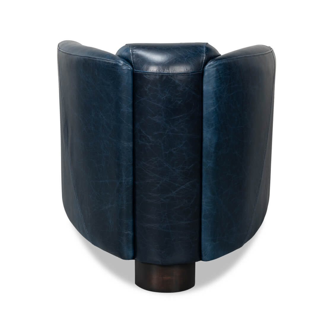 Blue leather club chair, back view.