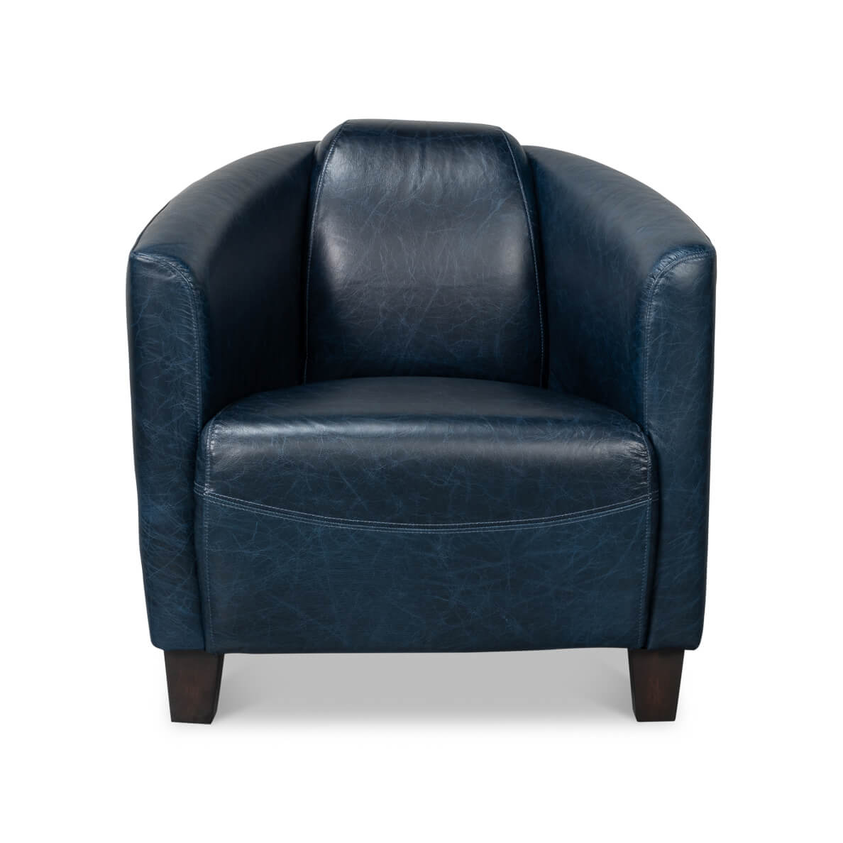 Blue leather club chair, front view.