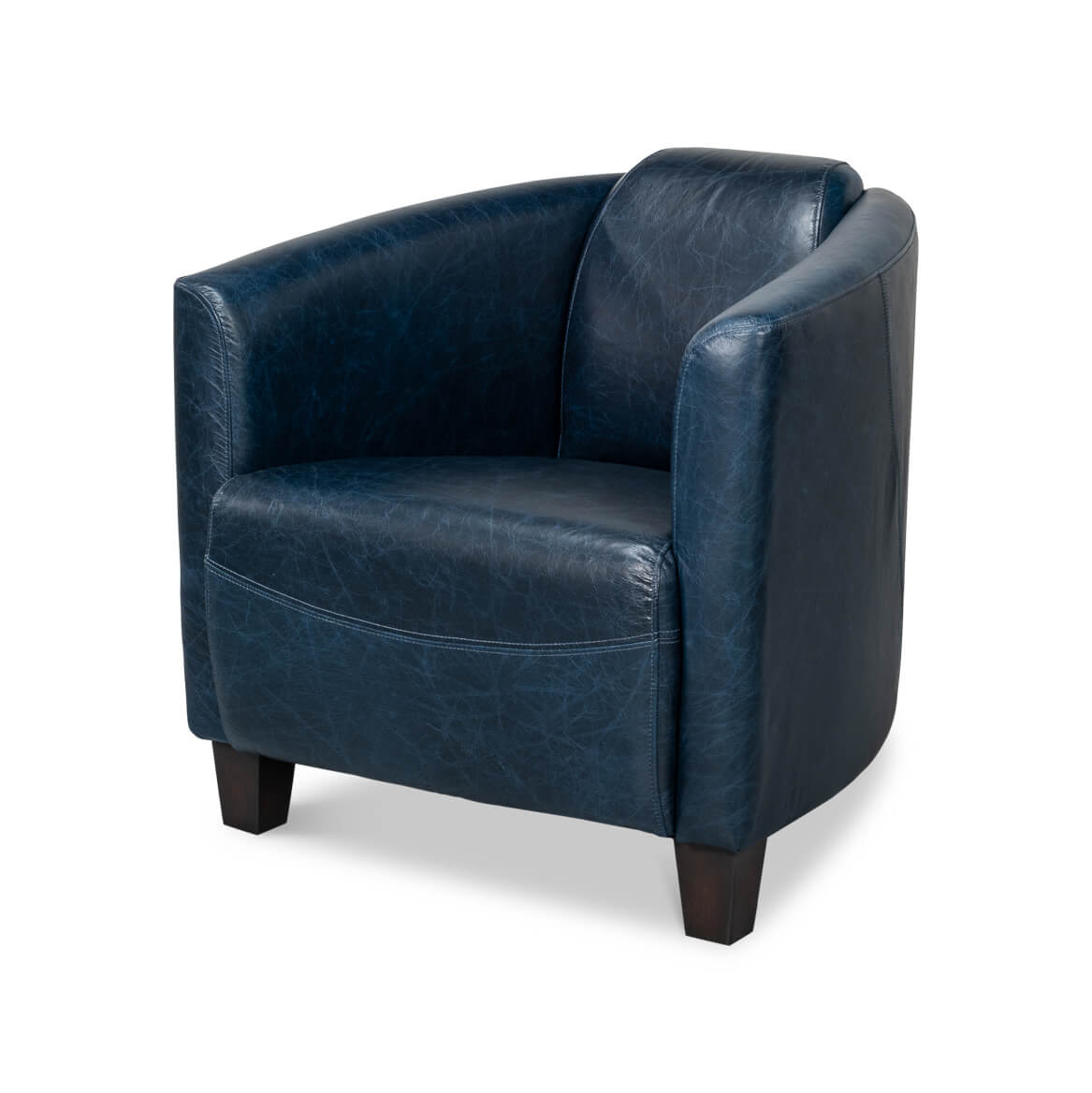 Blue leather club chair, angled front view.