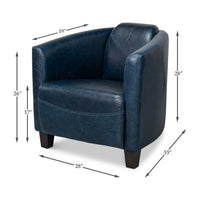 Blue leather club chair, dimensions and specifications illustrated.