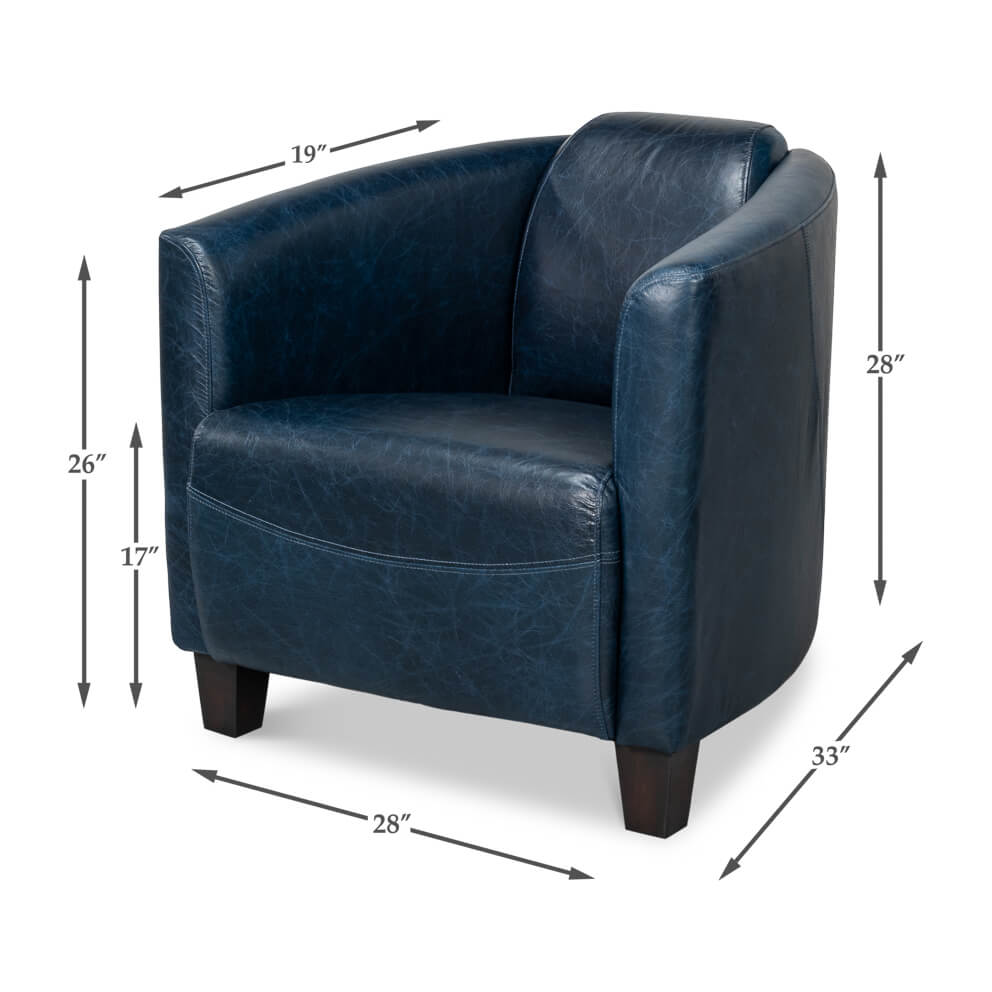 Blue leather club chair, dimensions and specifications illustrated.