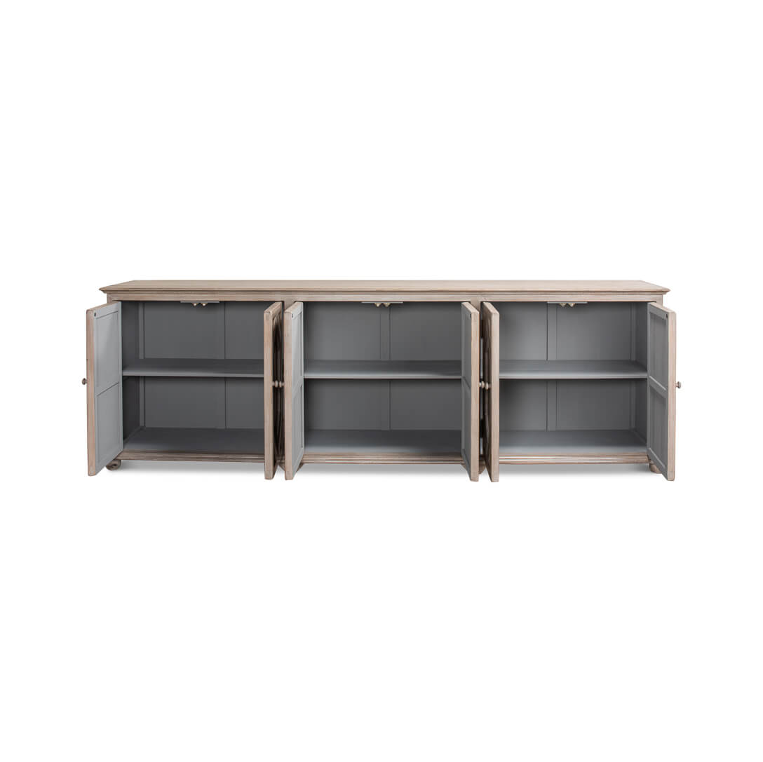 Interior view of French Grey Sideboard, shelves detailed.