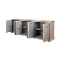 Open doors of French Grey Sideboard, interior shelves visible.