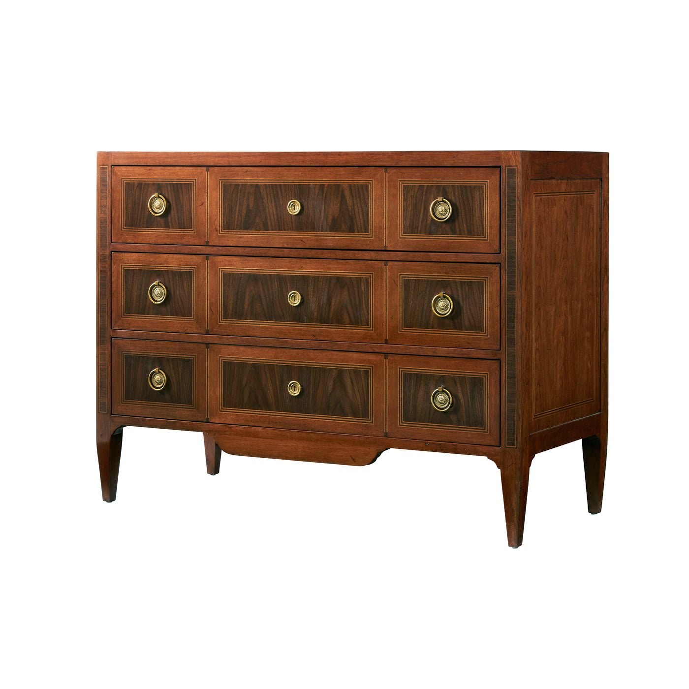Wooden chest of drawers with brass handles, side view.