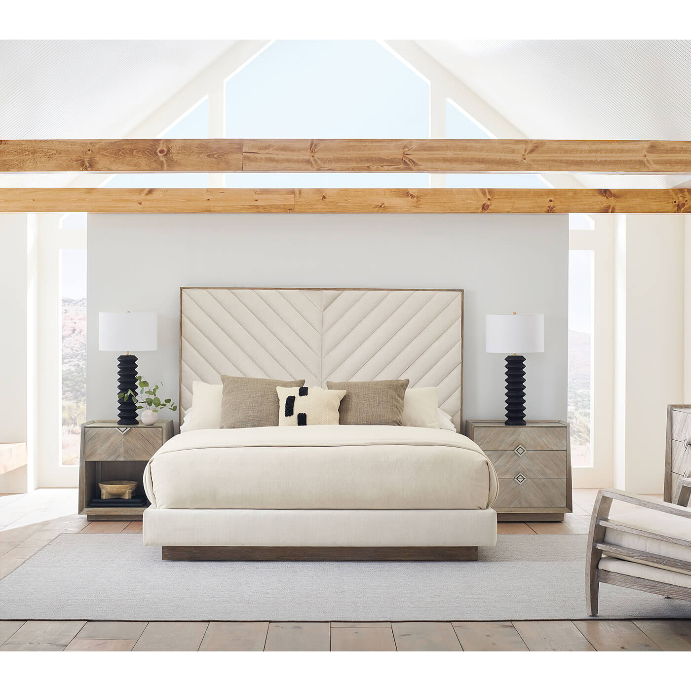 Chevron Tufted King Bed in styled bedroom setting.