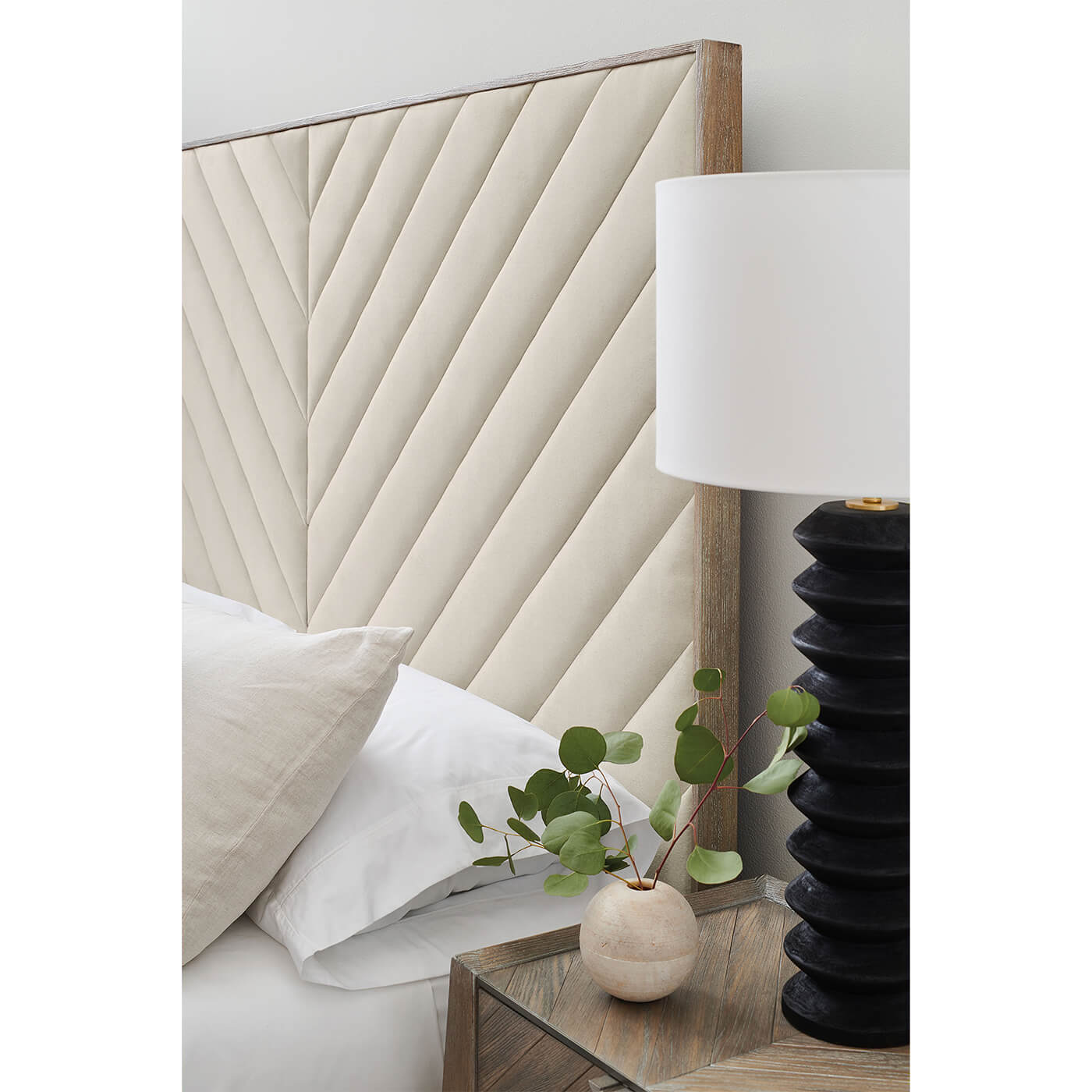 Headboard detail of Chevron Tufted Upholstered King Bed.
