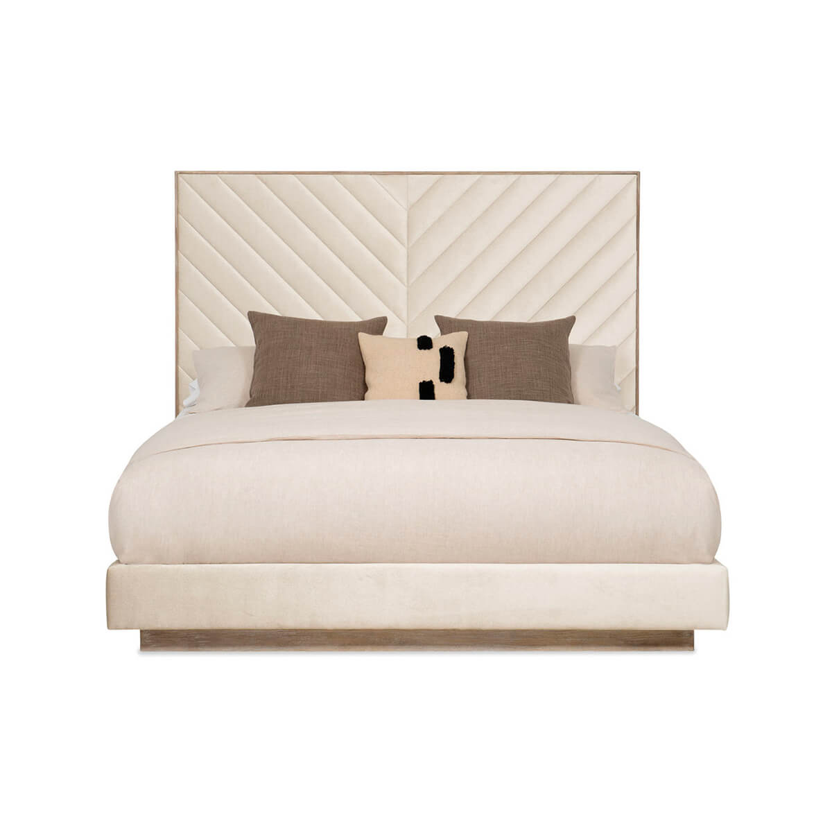 Front view of chevron tufted upholstered queen bed.