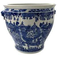 Traditional motif on blue and white porcelain planter.