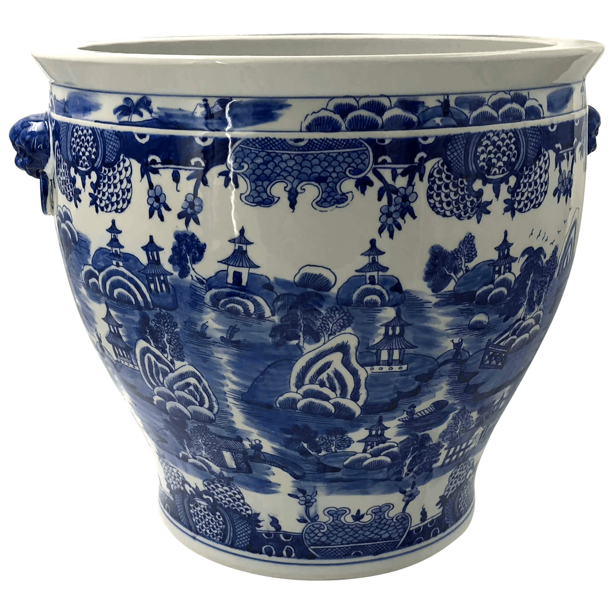 Traditional motif on blue and white porcelain planter.