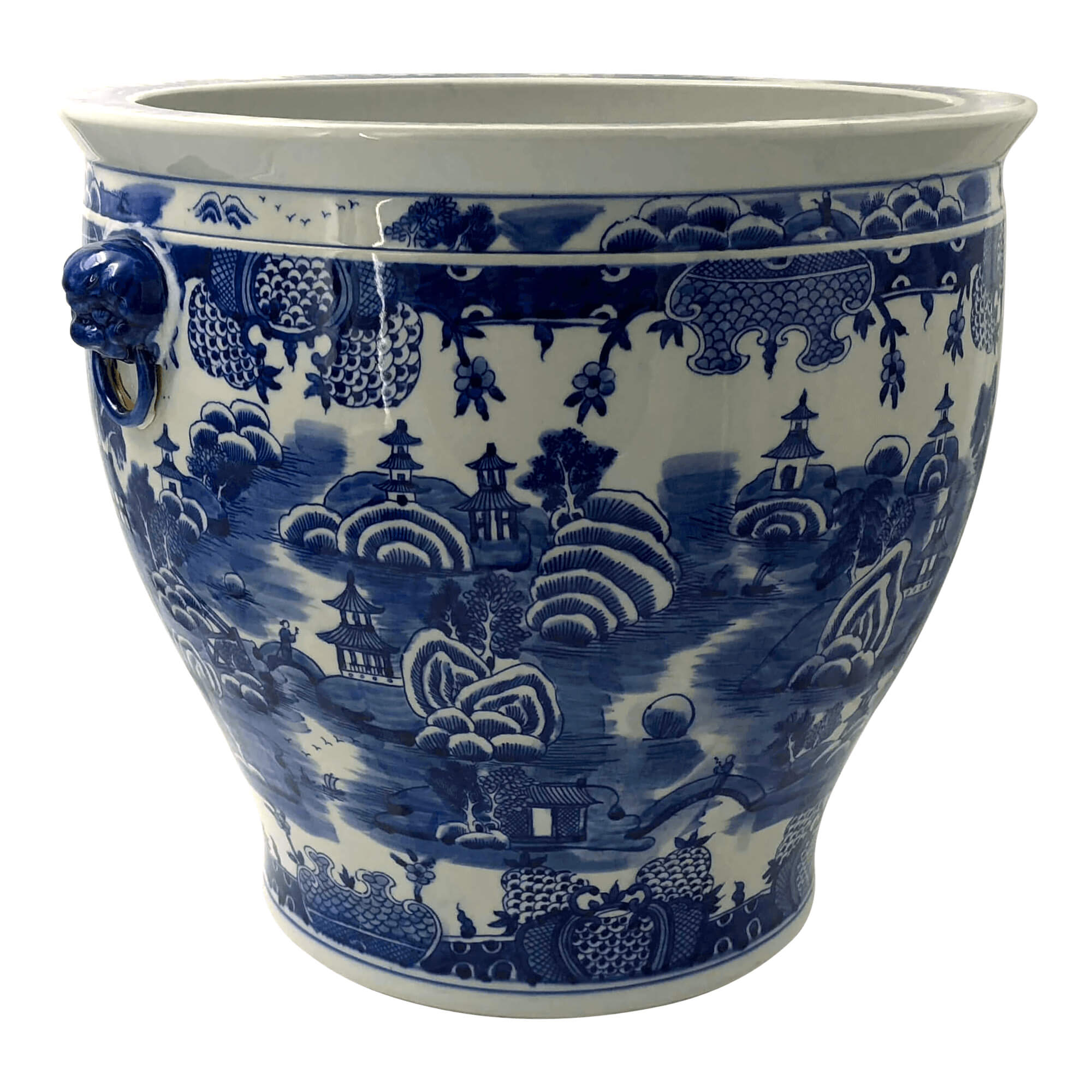 Blue and white fishbowl planter with landscape design.