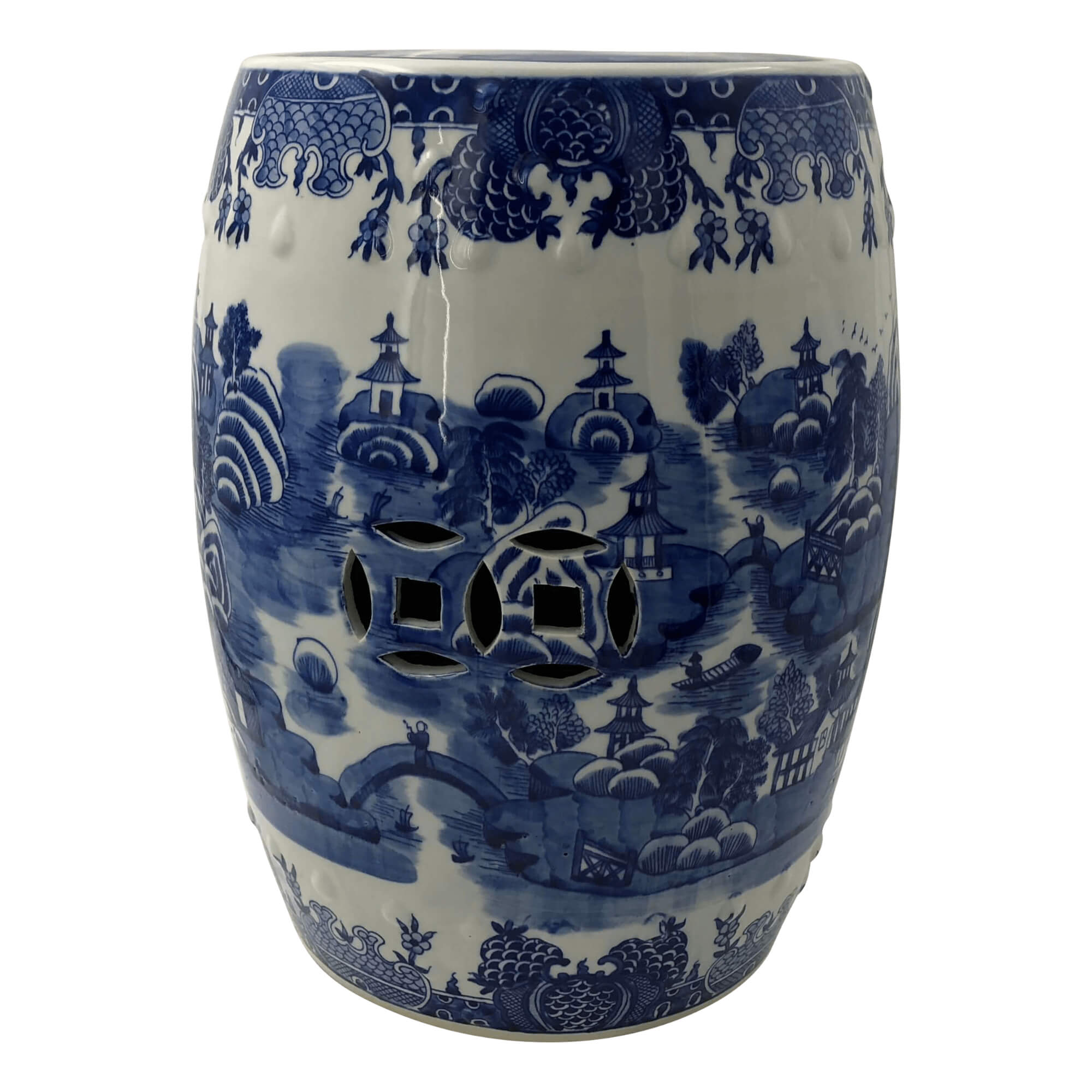 Porcelain garden stool showing scenic Asian architecture and nature.