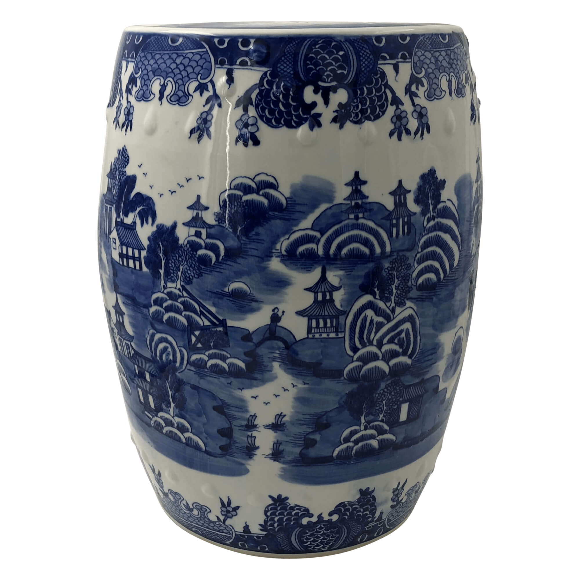 Blue and white porcelain garden stool with pagoda illustration.