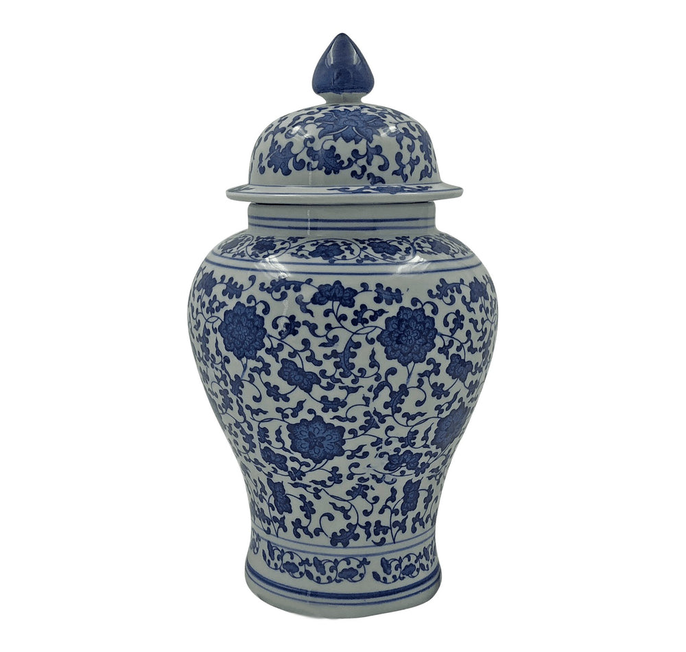 Blue and white Chinese porcelain jar with floral pattern.