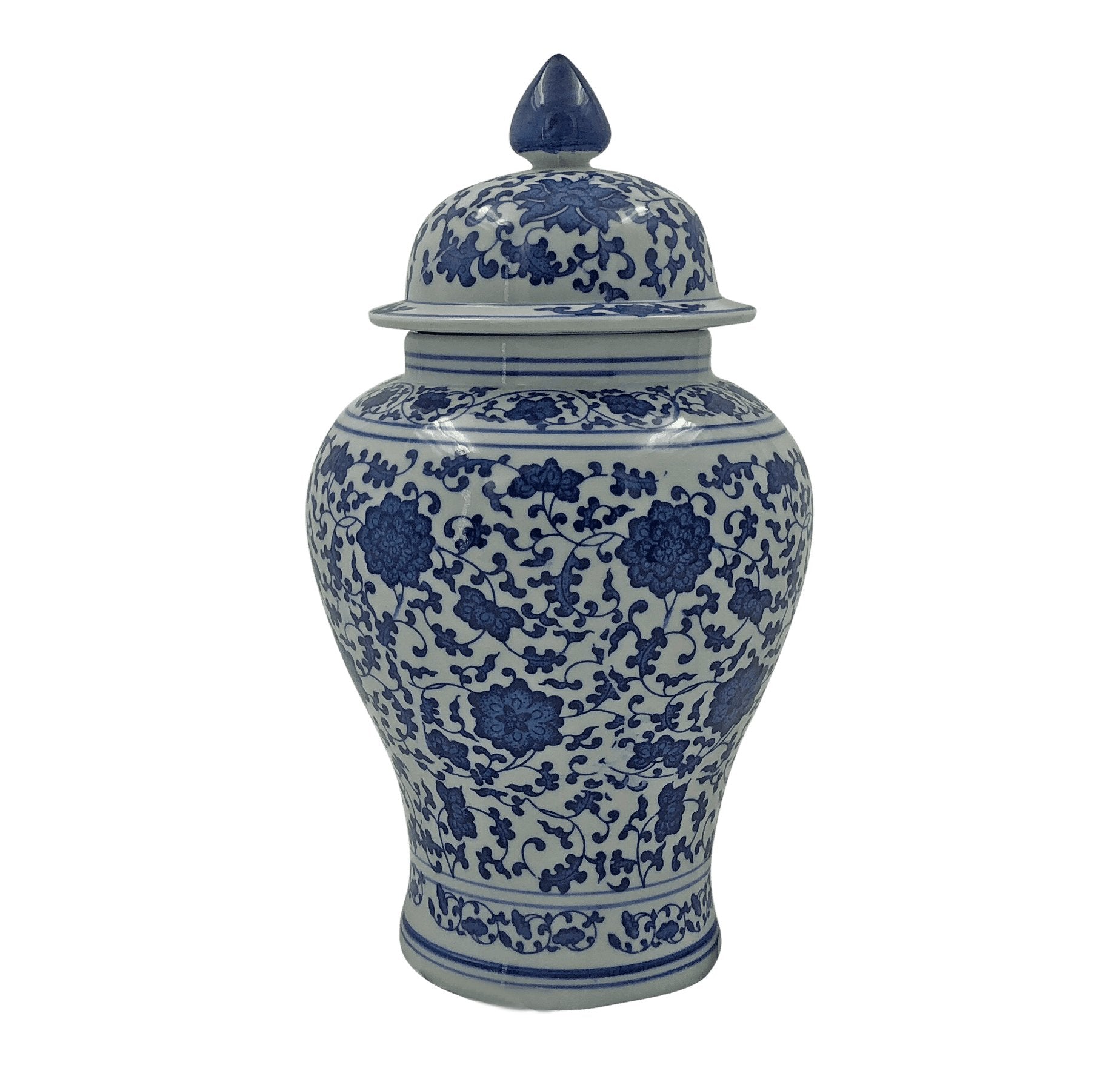 Blue and white Chinese porcelain jar with floral pattern.