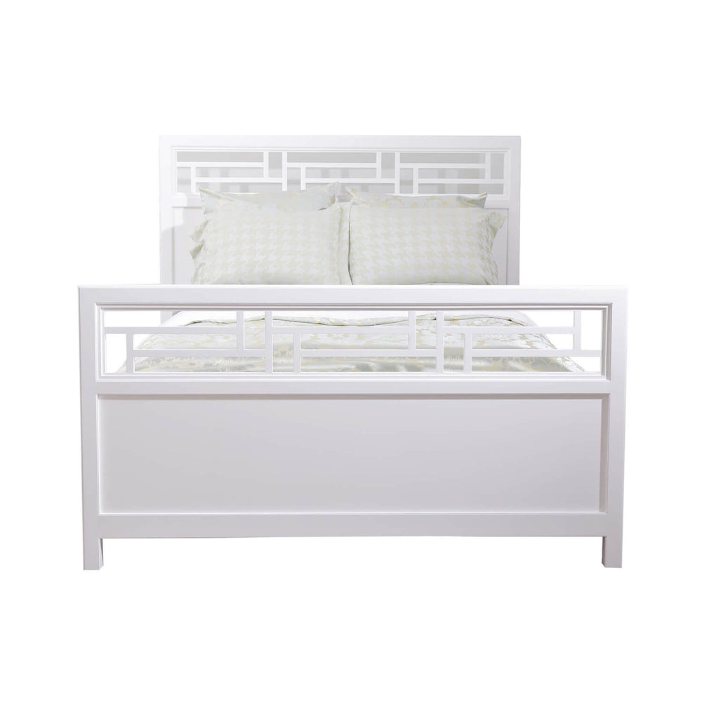 White Chinese Chippendale bed, queen size, front view.
