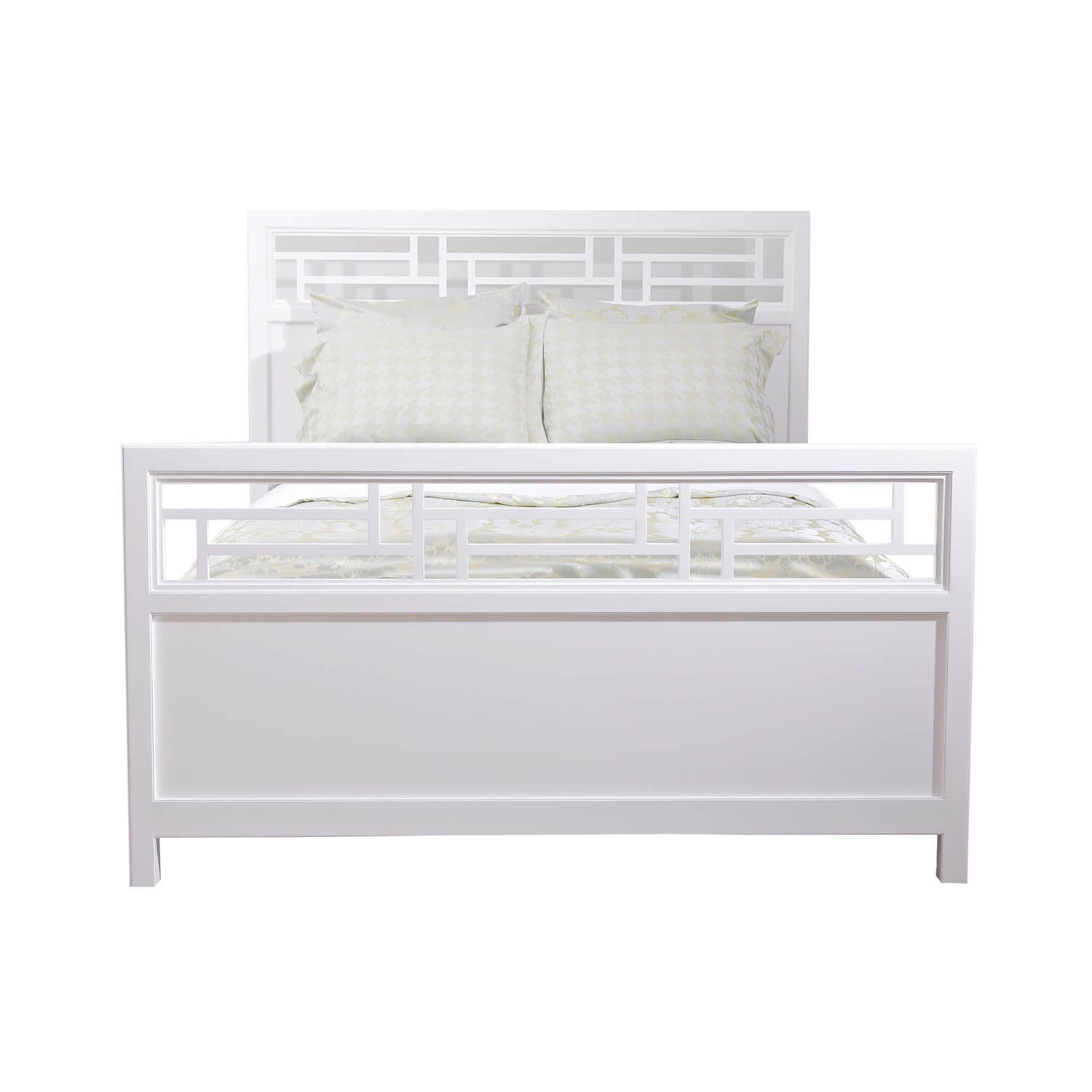 White Chinese Chippendale bed, queen size, front view.