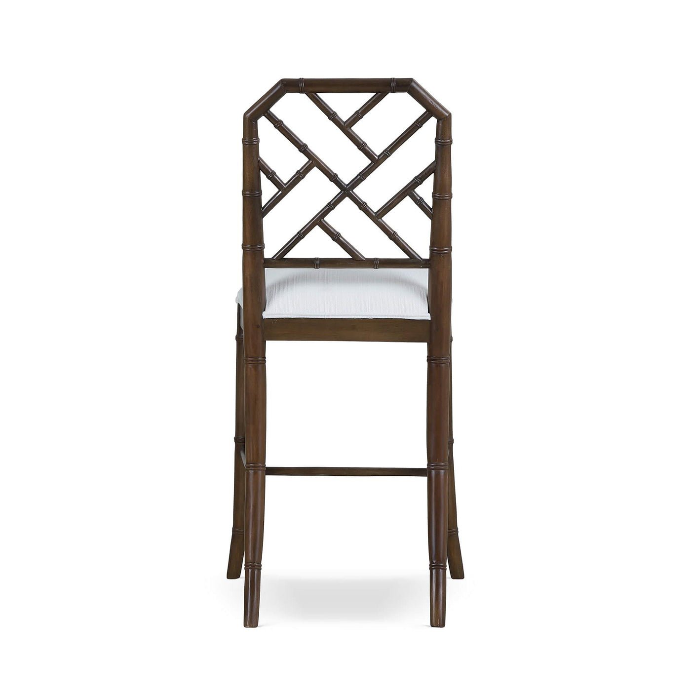 Chippendale counter stool back view with intricate pattern.
