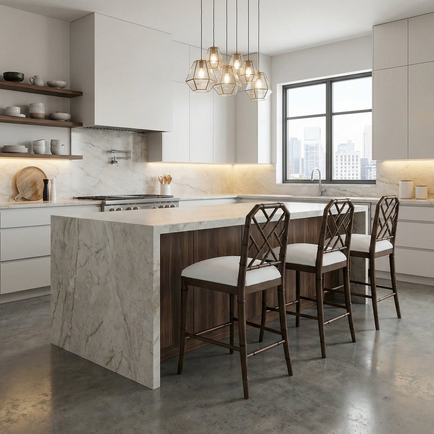 Modern kitchen with Chippendale counter stools at island.