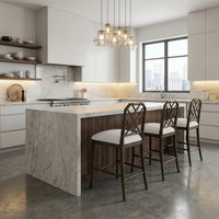 Modern kitchen with Chippendale counter stools at island.