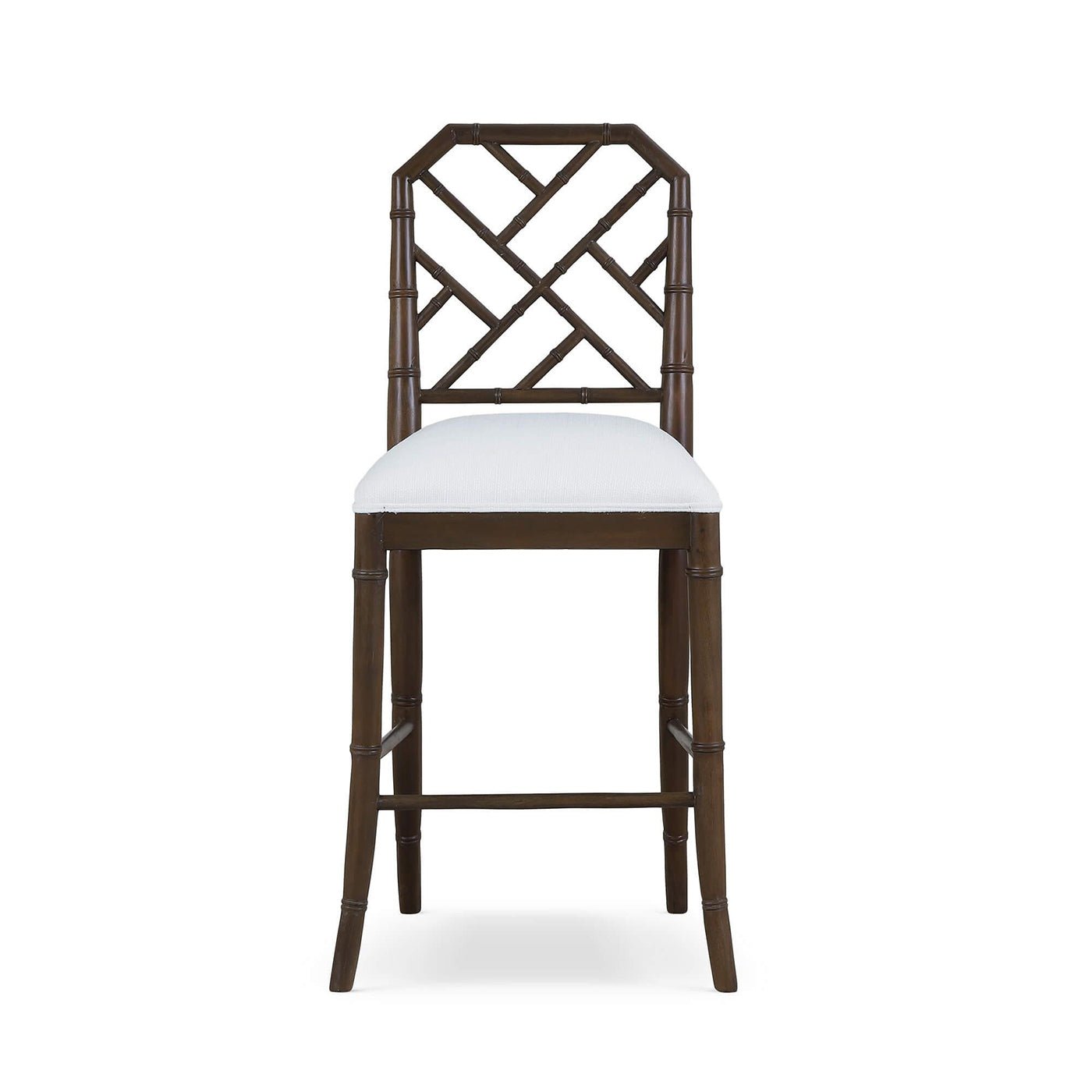 Chippendale counter stool front view with geometric backrest.