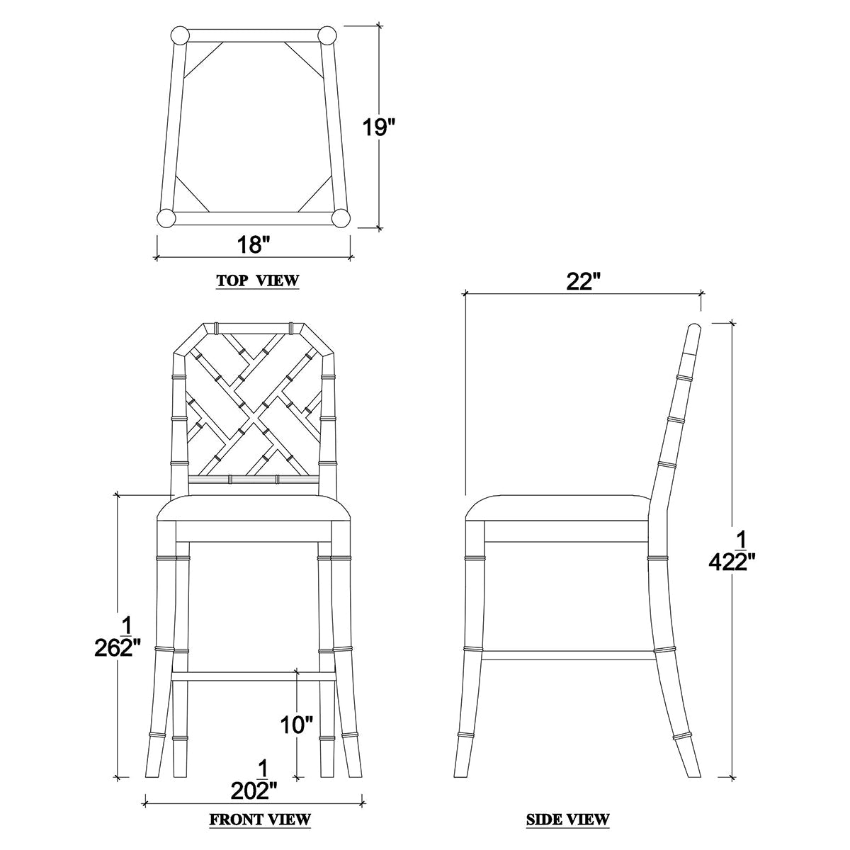 Chippendale counter stool technical dimensions and design sketch.