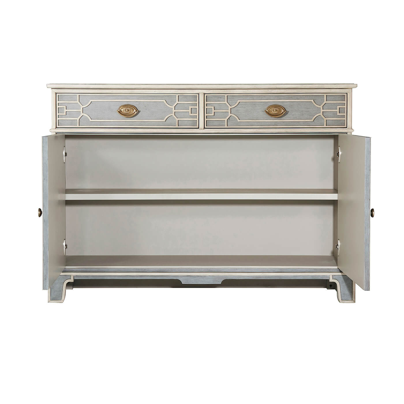 Open painted cabinet showing shelves inside.