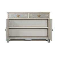 Open painted cabinet showing shelves inside.