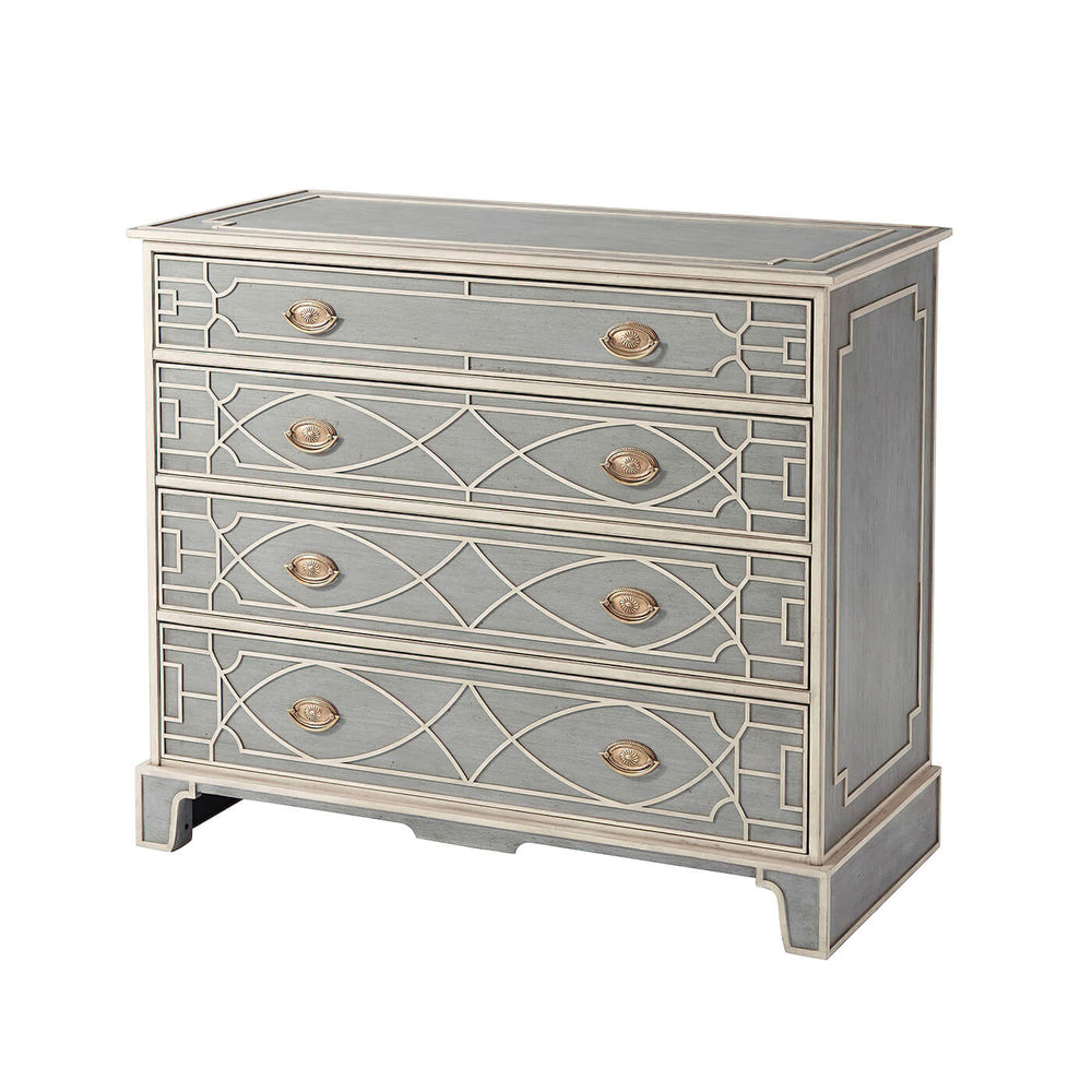 Angled view of Chinese Chippendale painted chest of drawers.