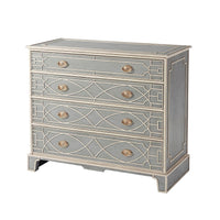 Angled view of Chinese Chippendale painted chest of drawers.