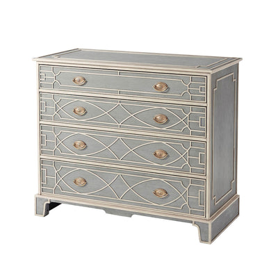 Angled view of Chinese Chippendale painted chest of drawers.