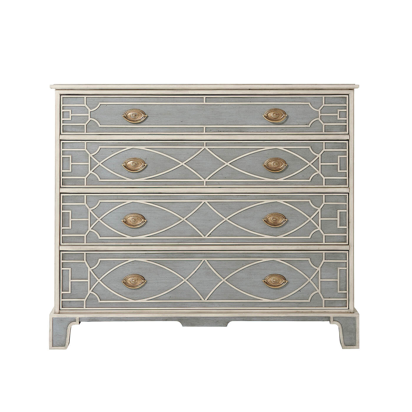 Front view of Chinese Chippendale painted chest of drawers.
