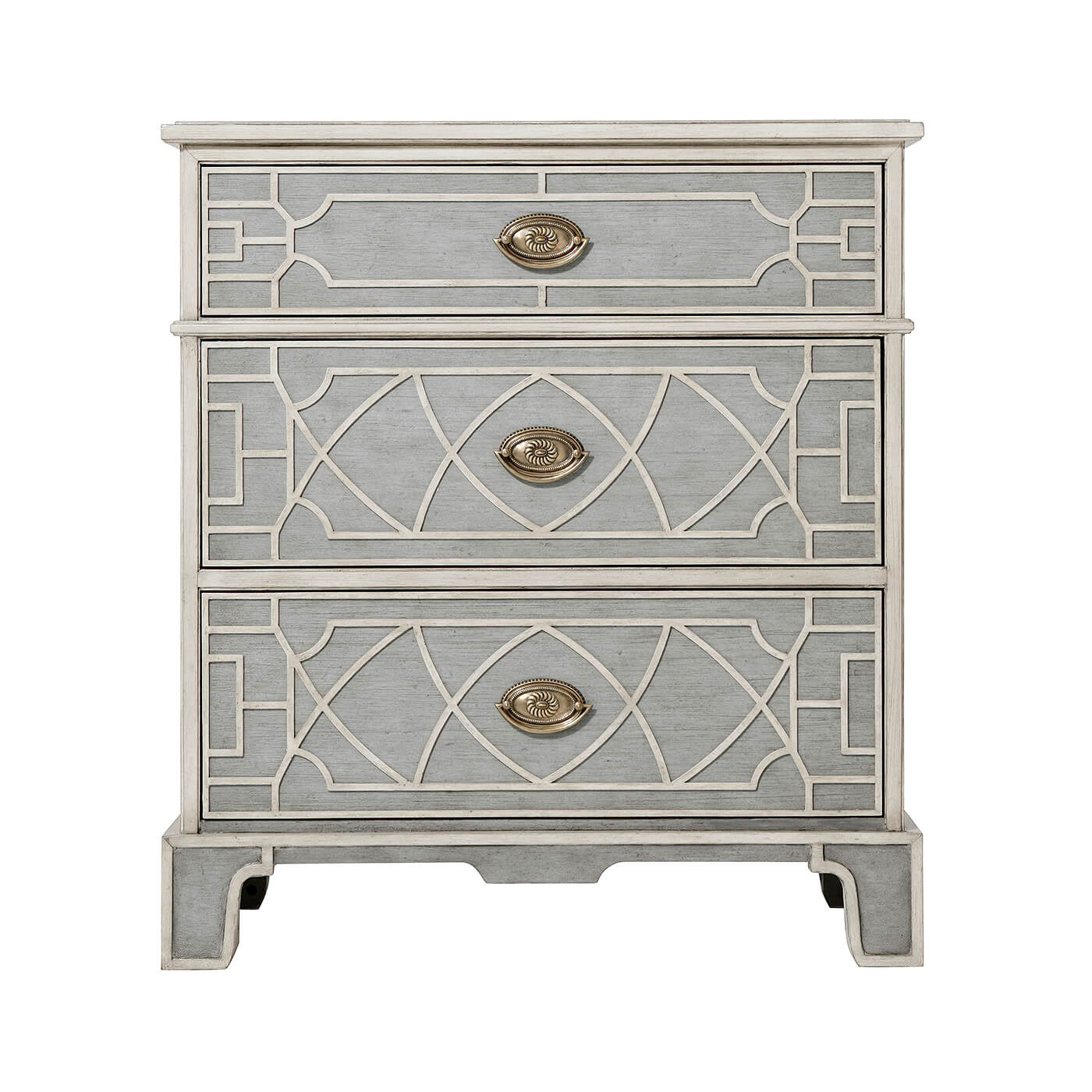 Front view of Chinese Chippendale nightstand, intricate detailing.