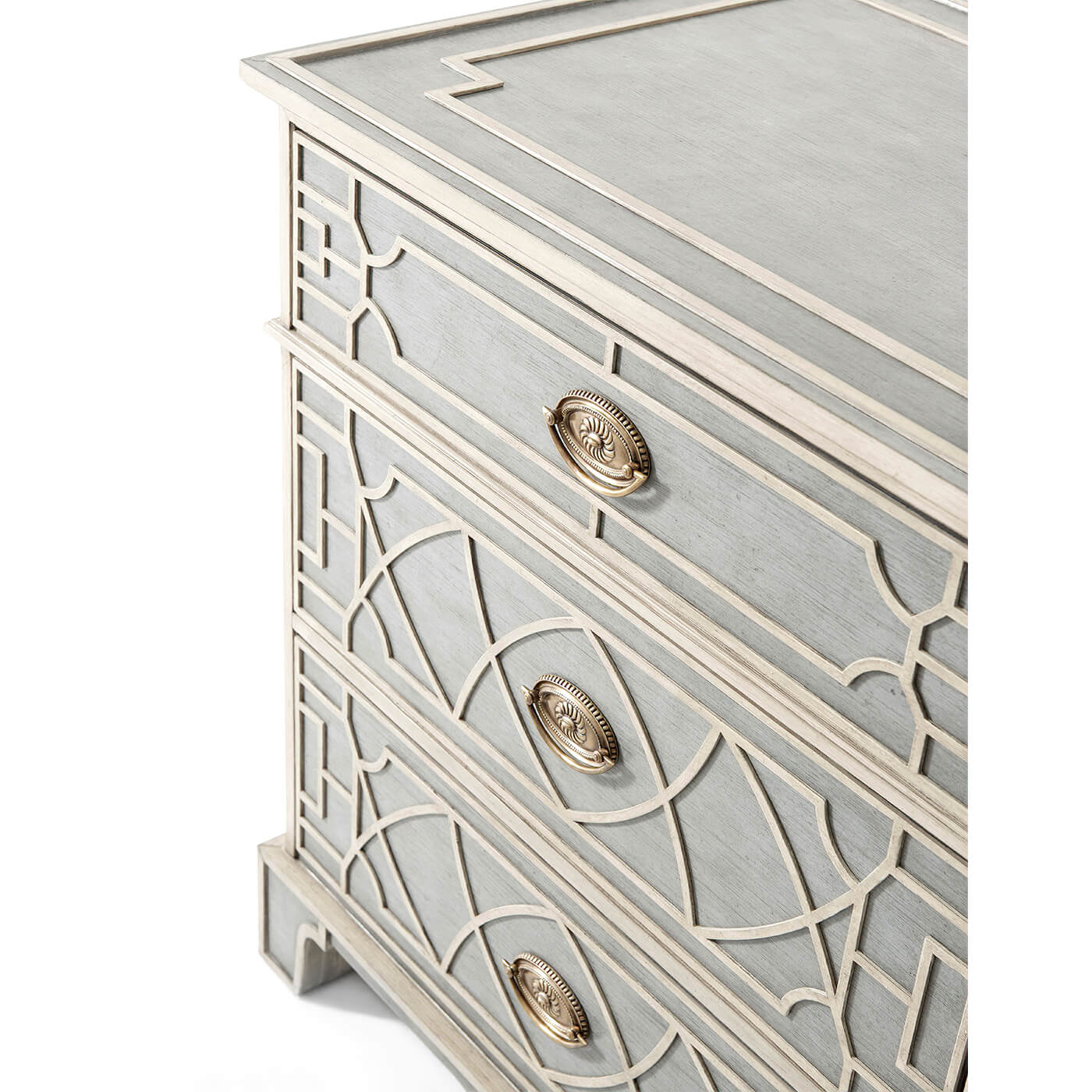 Close-up of Chinese Chippendale nightstand, drawer details.