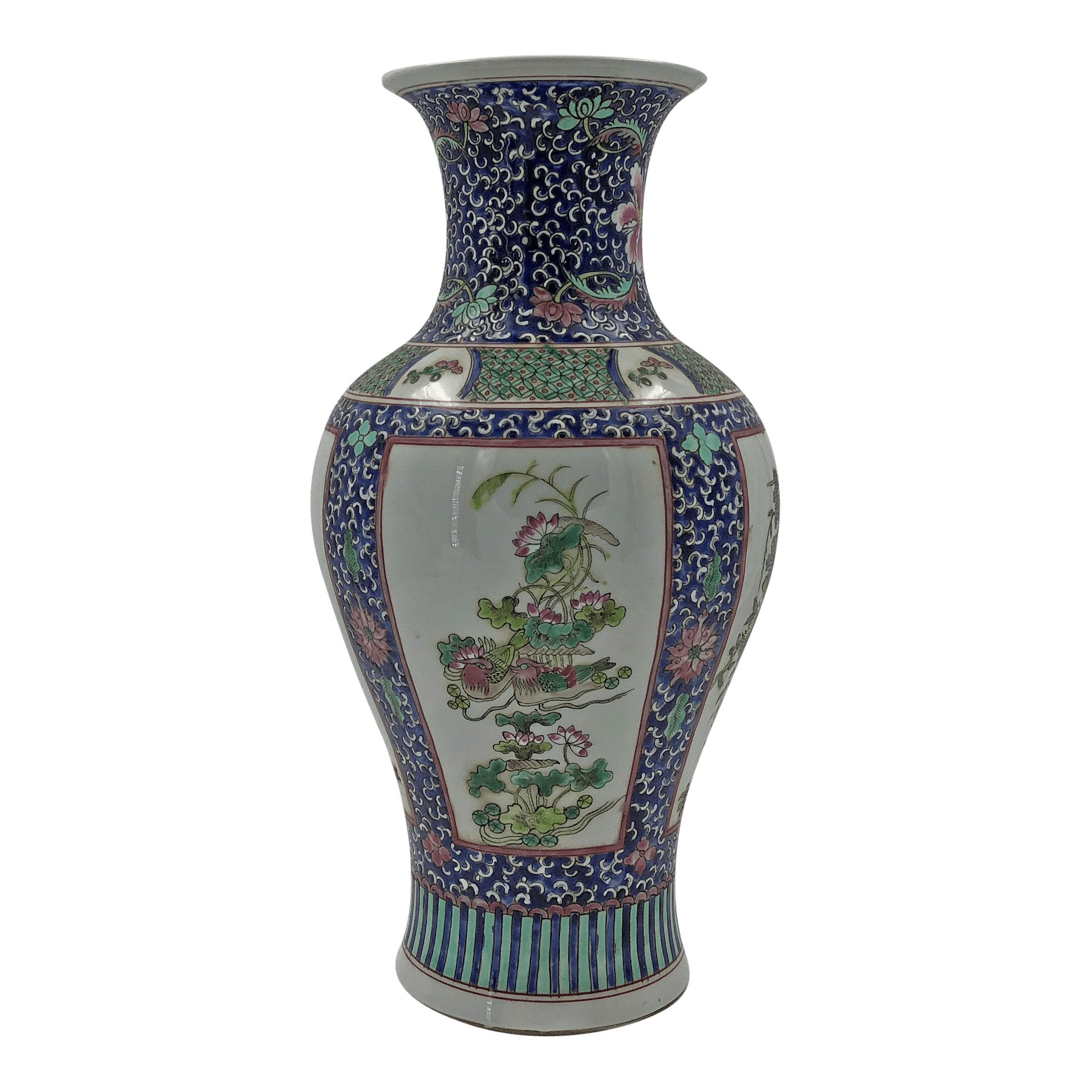 Vase with intricate floral and basket design panels