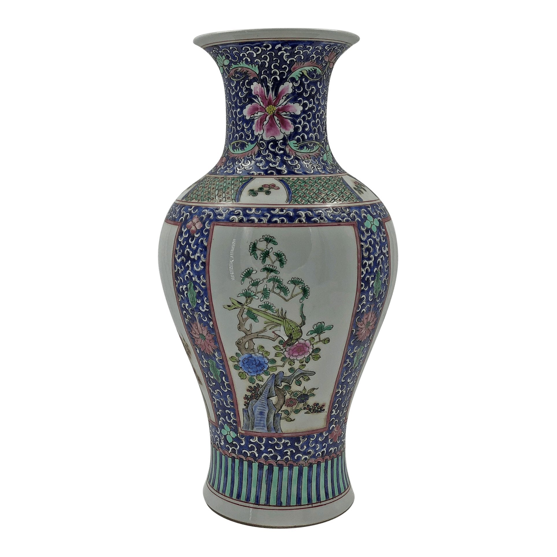 Porcelain vase displaying floral artwork and decorative patterns