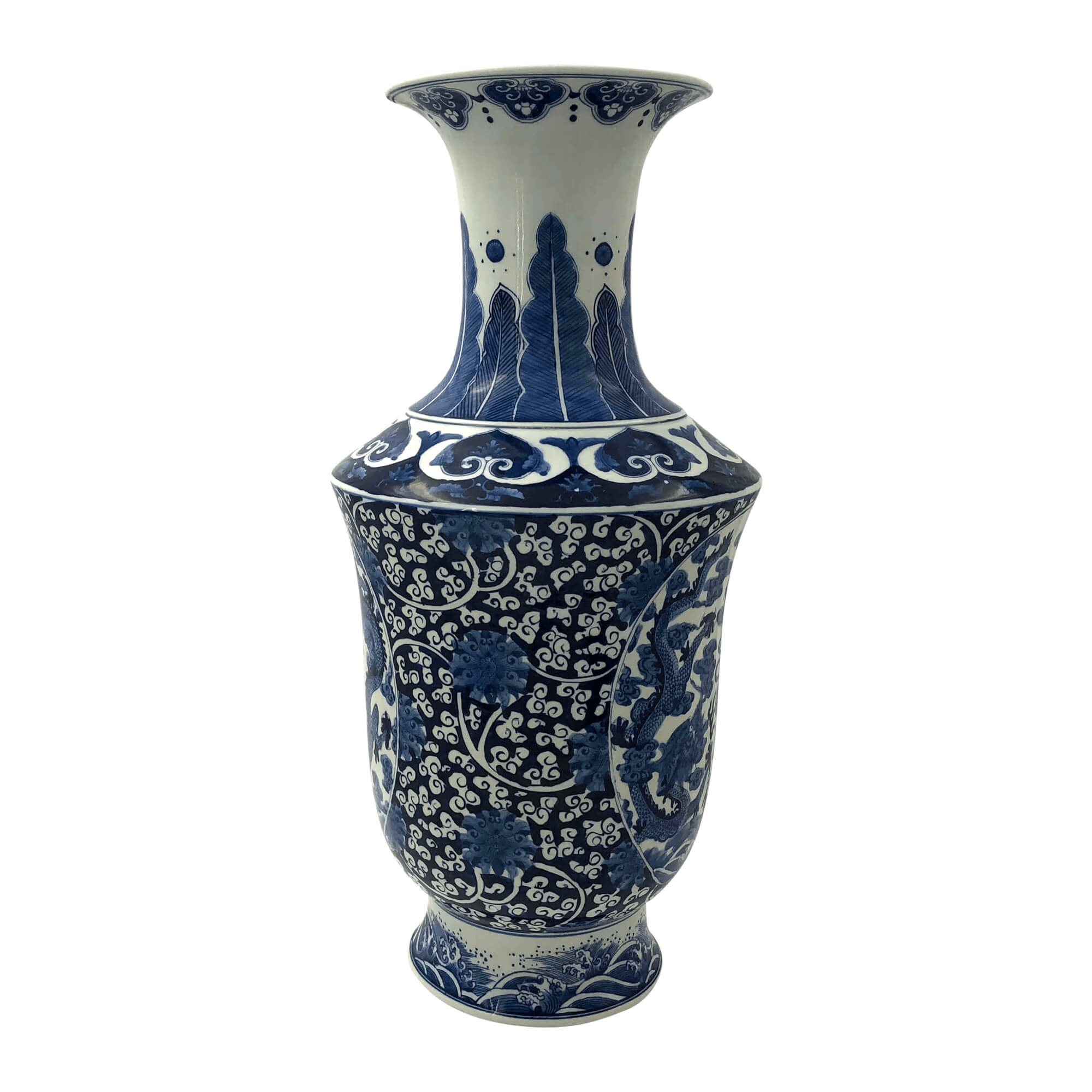 Blue and white porcelain vase with floral designs.