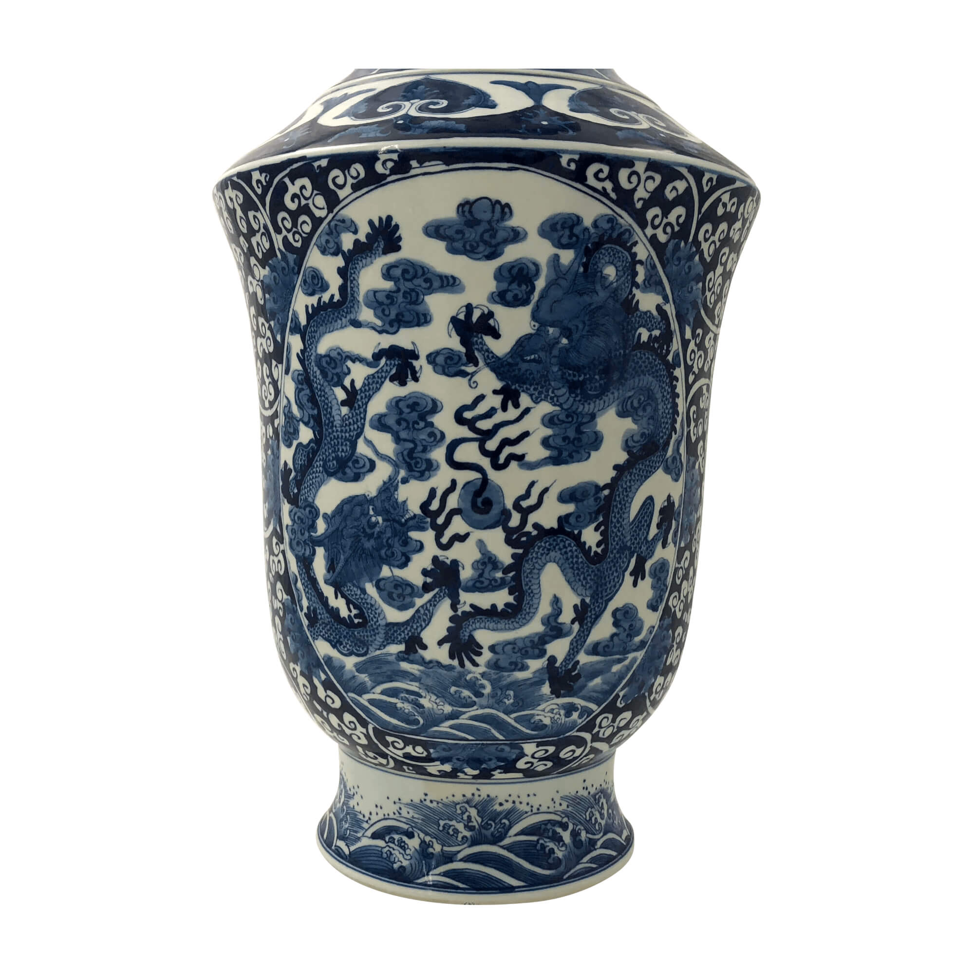 Blue and white porcelain vase with intricate dragon artwork.