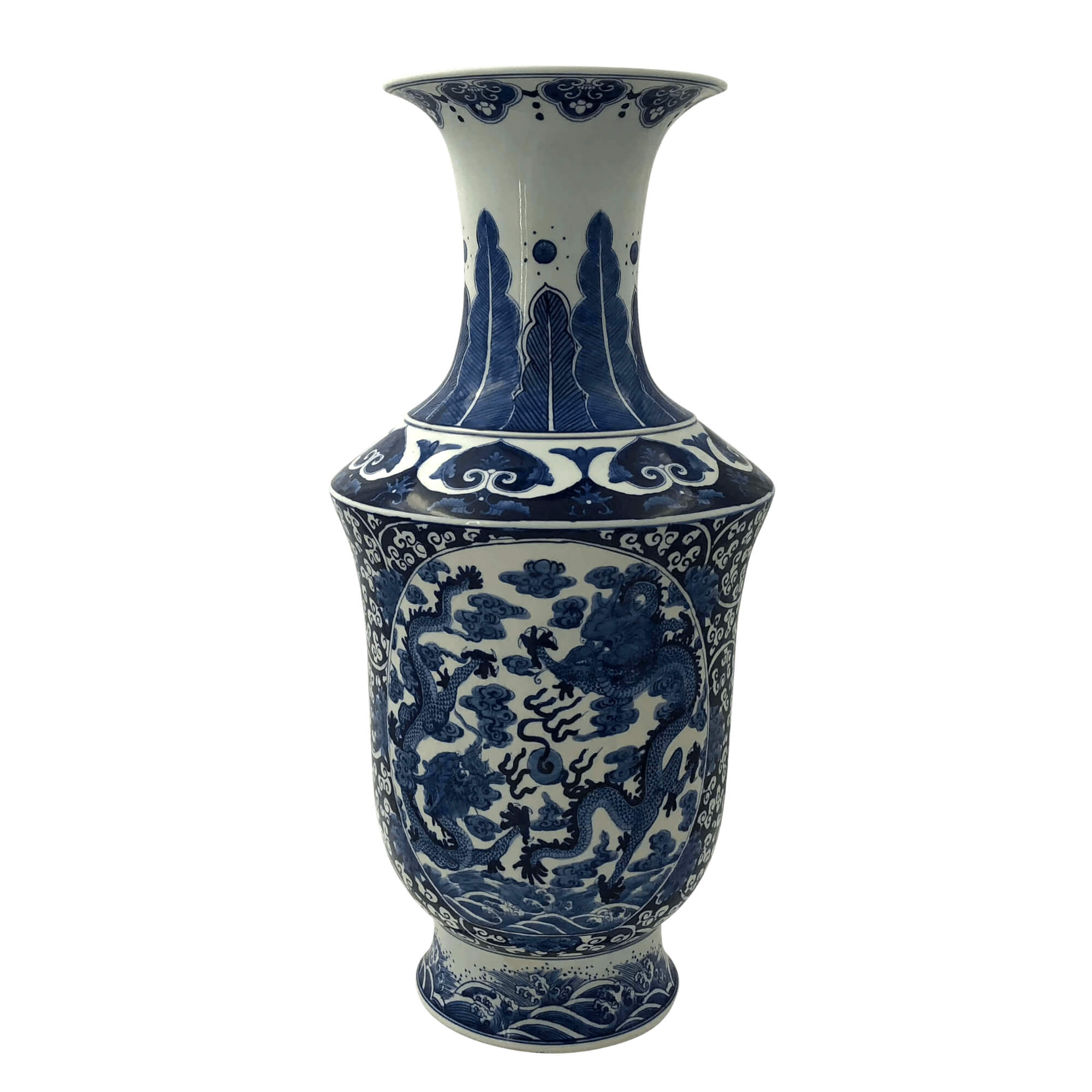 Blue and white porcelain vase featuring dragon motifs.