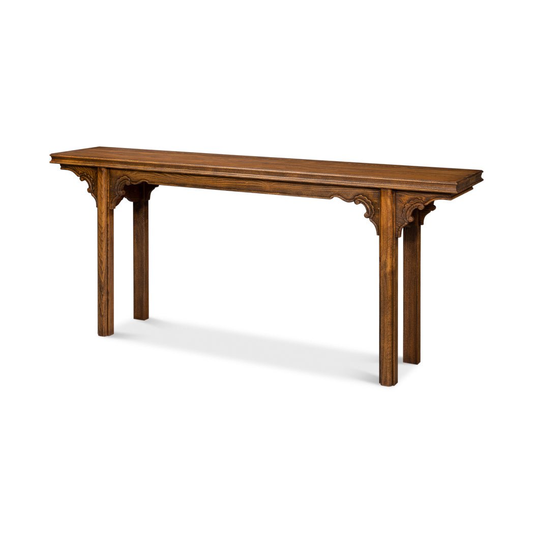 Side view of Ming style carved console table.