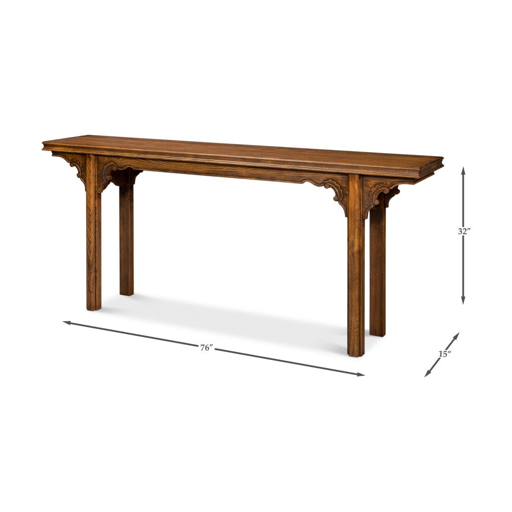 Chinese Ming style carved console dimensions illustration.