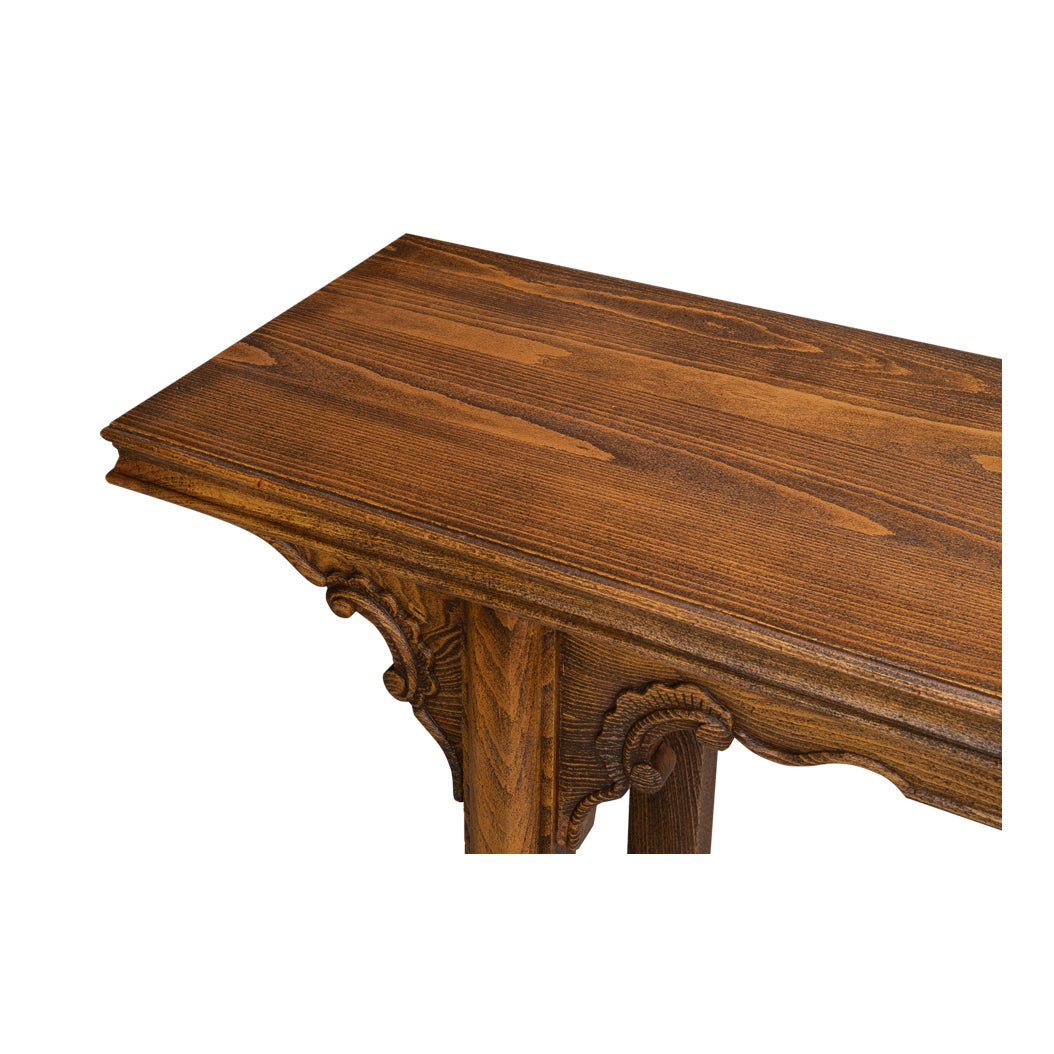 Close-up of console table corner wood grain design.