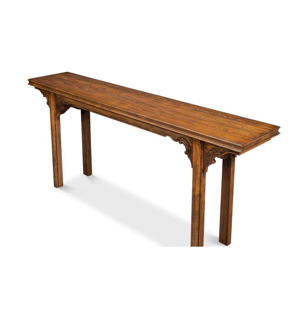 Top angled view of Ming style console table surface.
