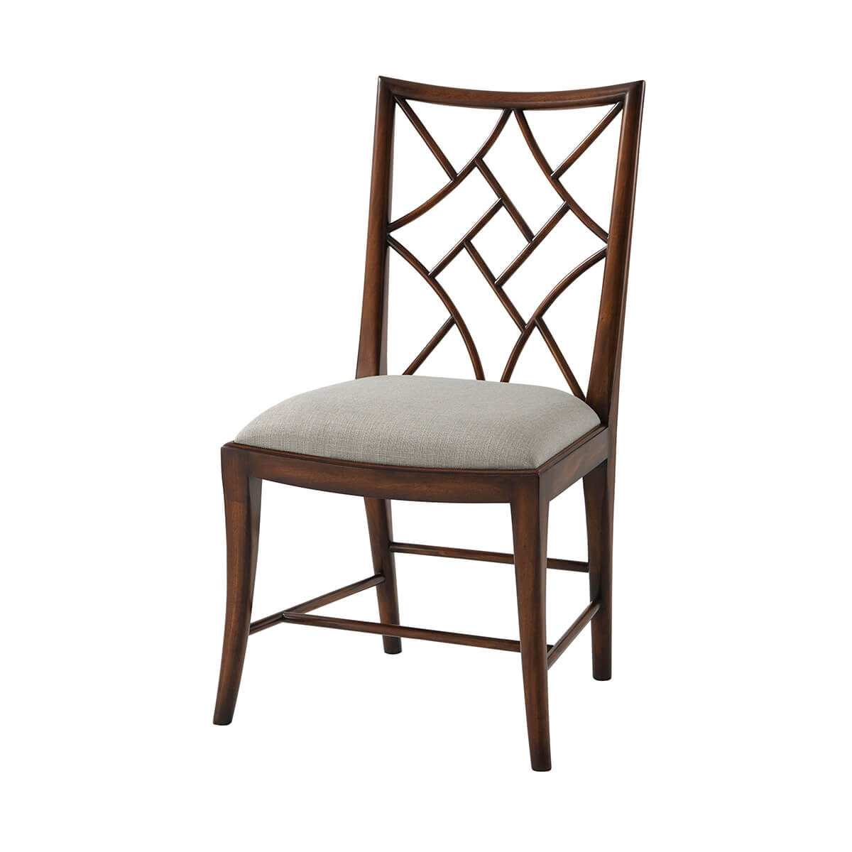 Front view of wooden Chinoiserie dining chair with cushion.