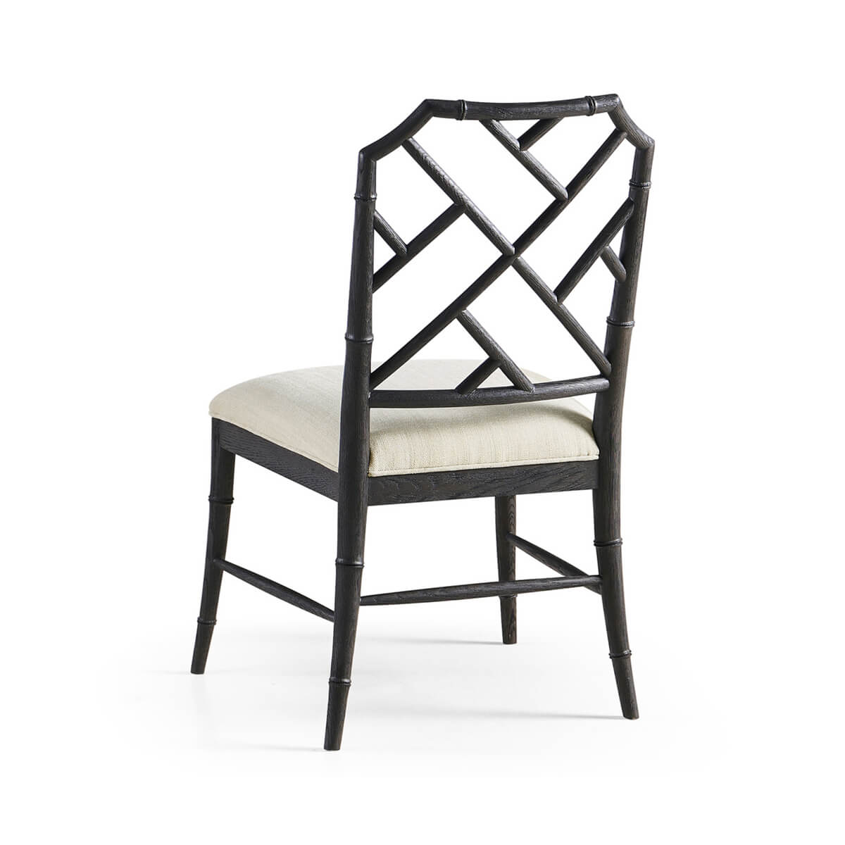 Back view of bamboo dining chair with lattice design.