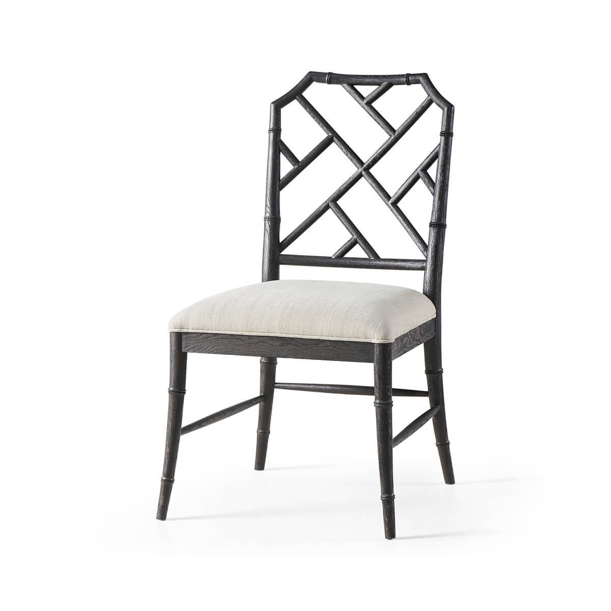 Black bamboo dining chair with geometric back design.
