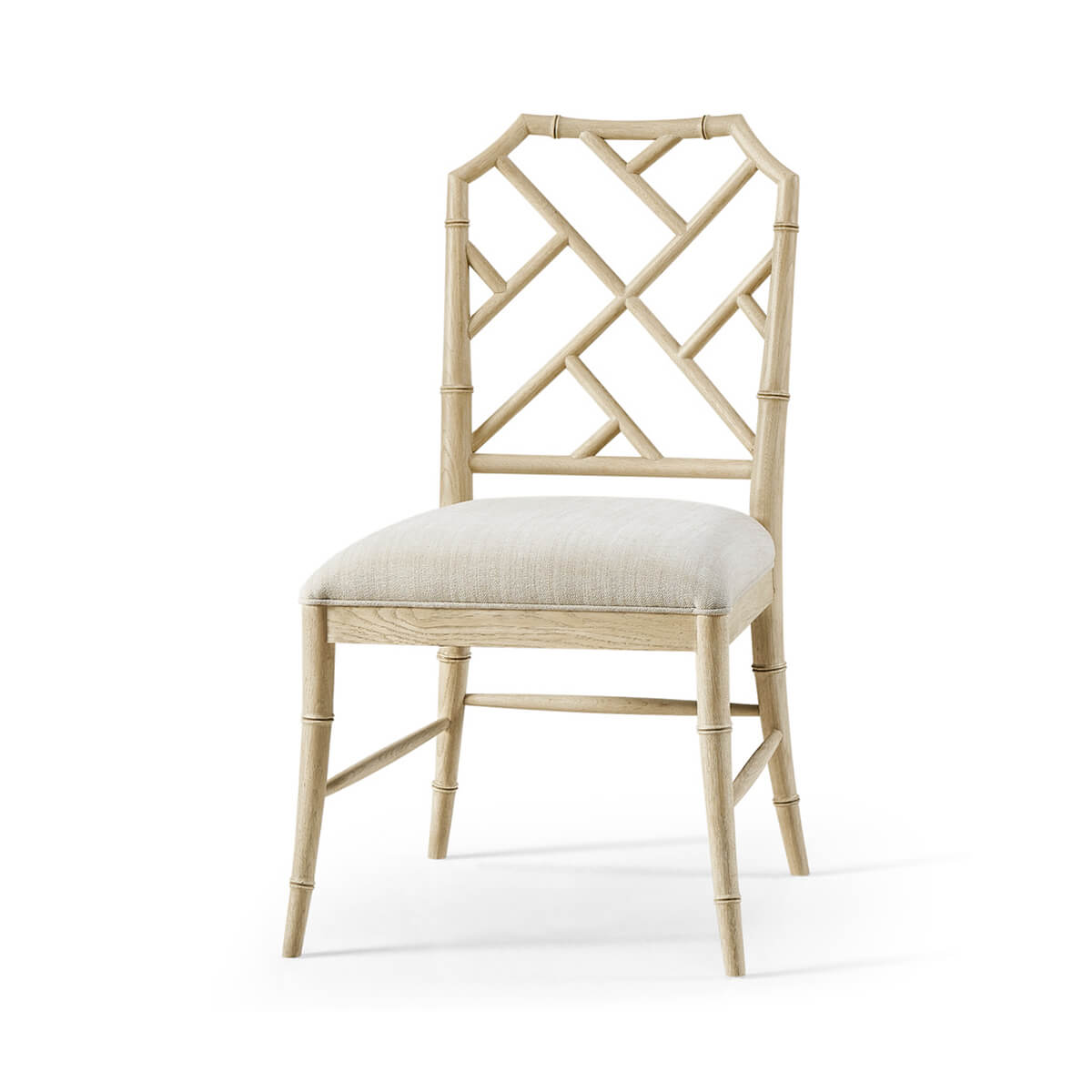 Side view of Chippendale bamboo dining chair, light oak.