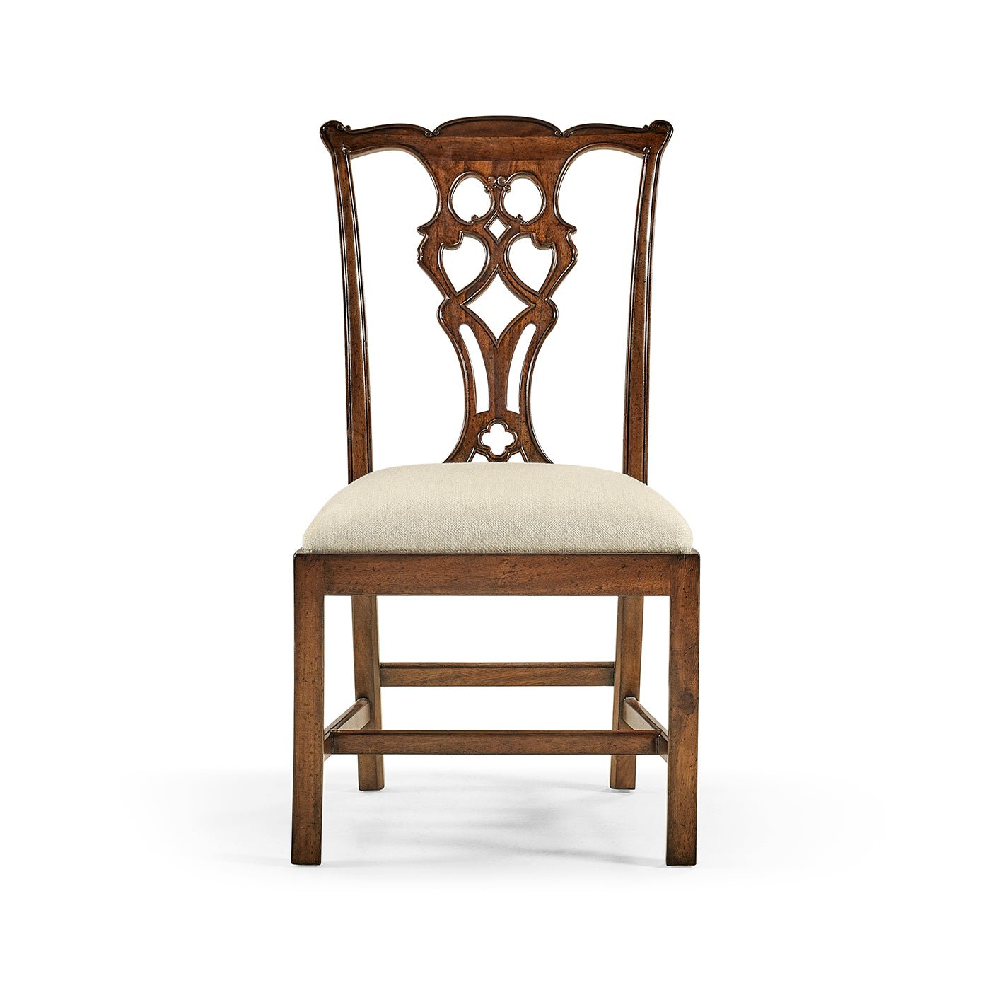 Chippendale dining chair, front view, elegant mahogany carving.